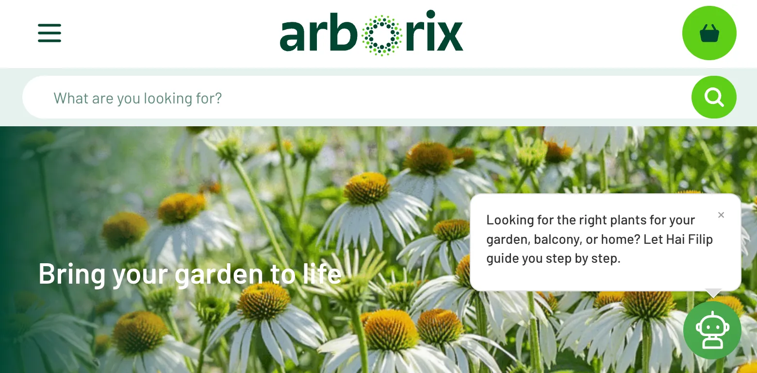 Mikabot chatbot live on the Arborix website, guiding a visitor toward the right plants
