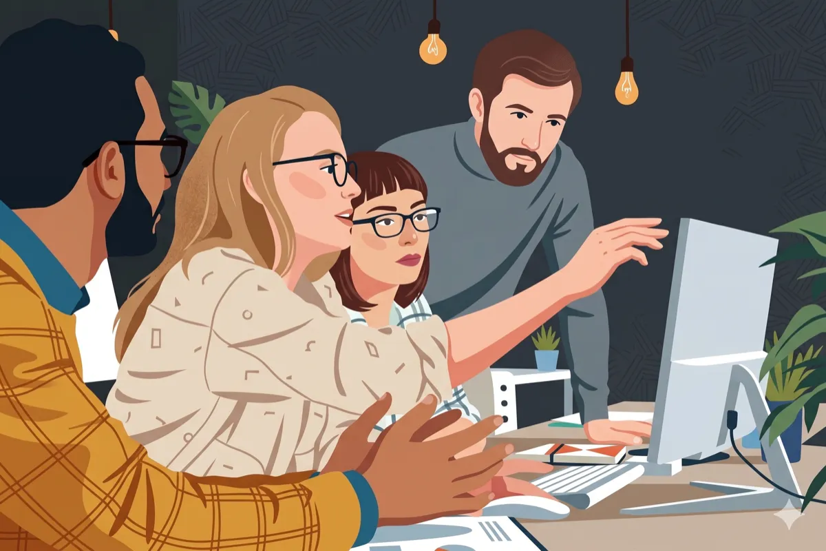 Agency team collaborating during a client chatbot onboarding and launch